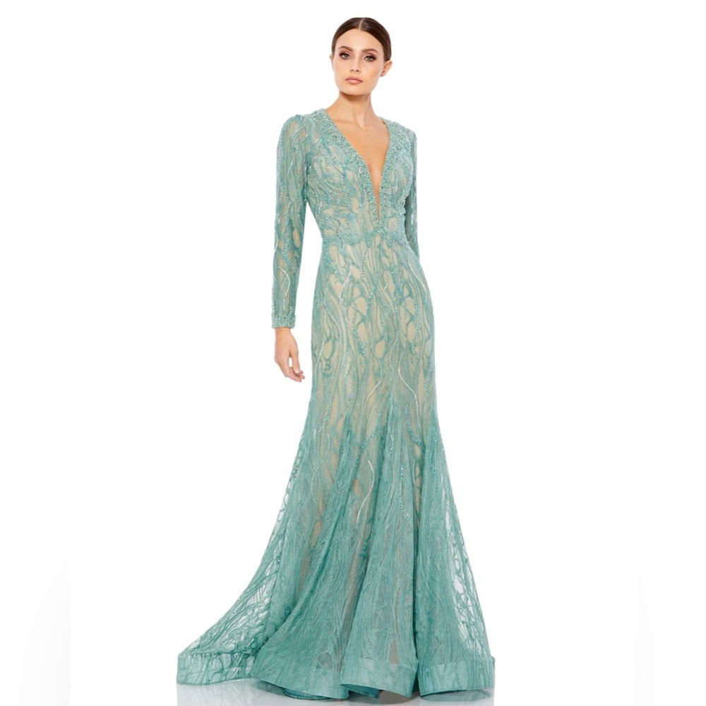 Mac Duggal Mint Green Long Sleeve Embellished Lace Gown